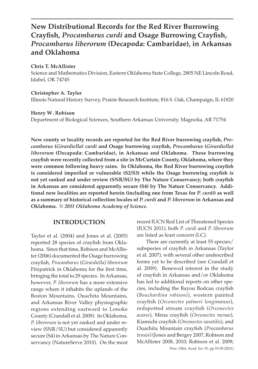 New Distributional Records for the Red River Burrowing Crayfish, Procambarus Curdi and Osage Burrowing Crayfish, Procambarus