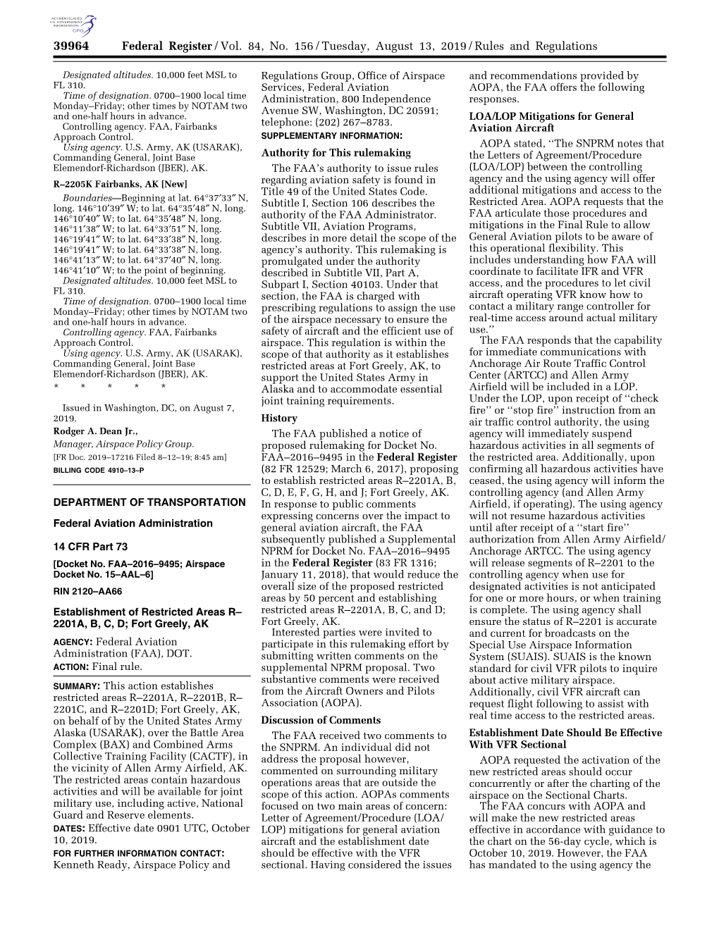 Federal Register/Vol. 84, No. 156/Tuesday, August 13, 2019/Rules and Regulations