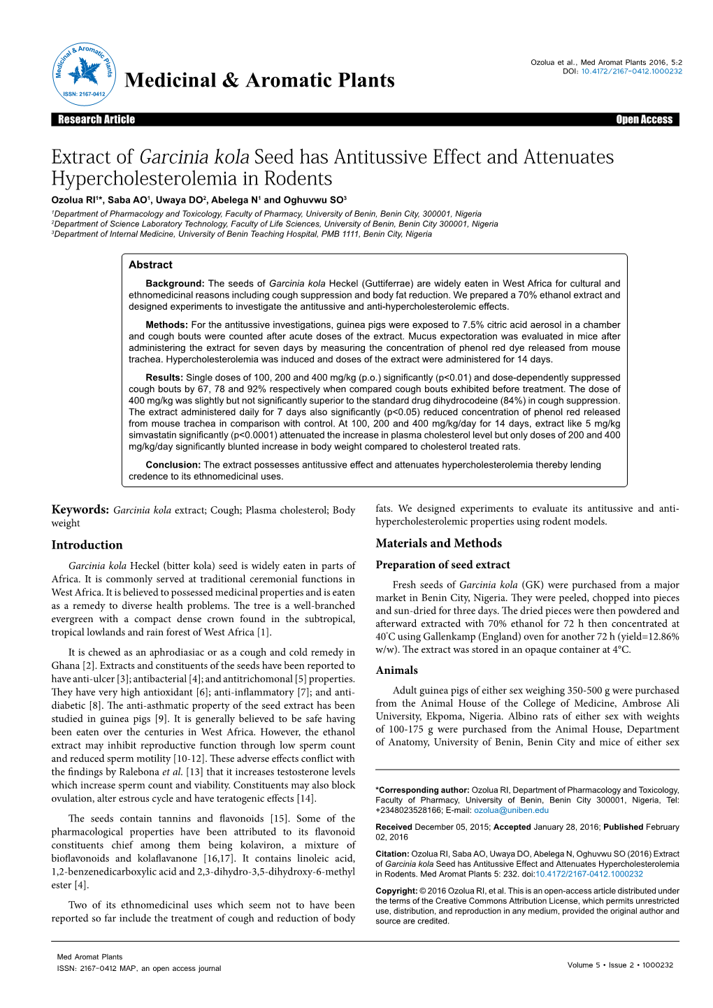 Extract of Garcinia Kola Seed Has Antitussive Effect and Attenuates