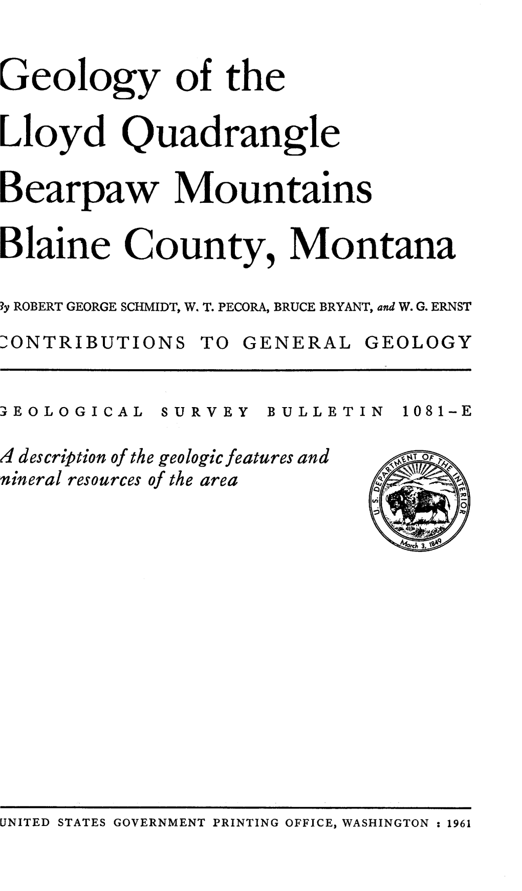 Geology of the Lloyd Quadrangle Bearpaw Mountains Blaine County, Montana