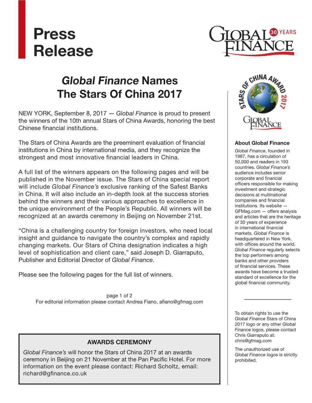 Global Finance Names the Stars of China 2017