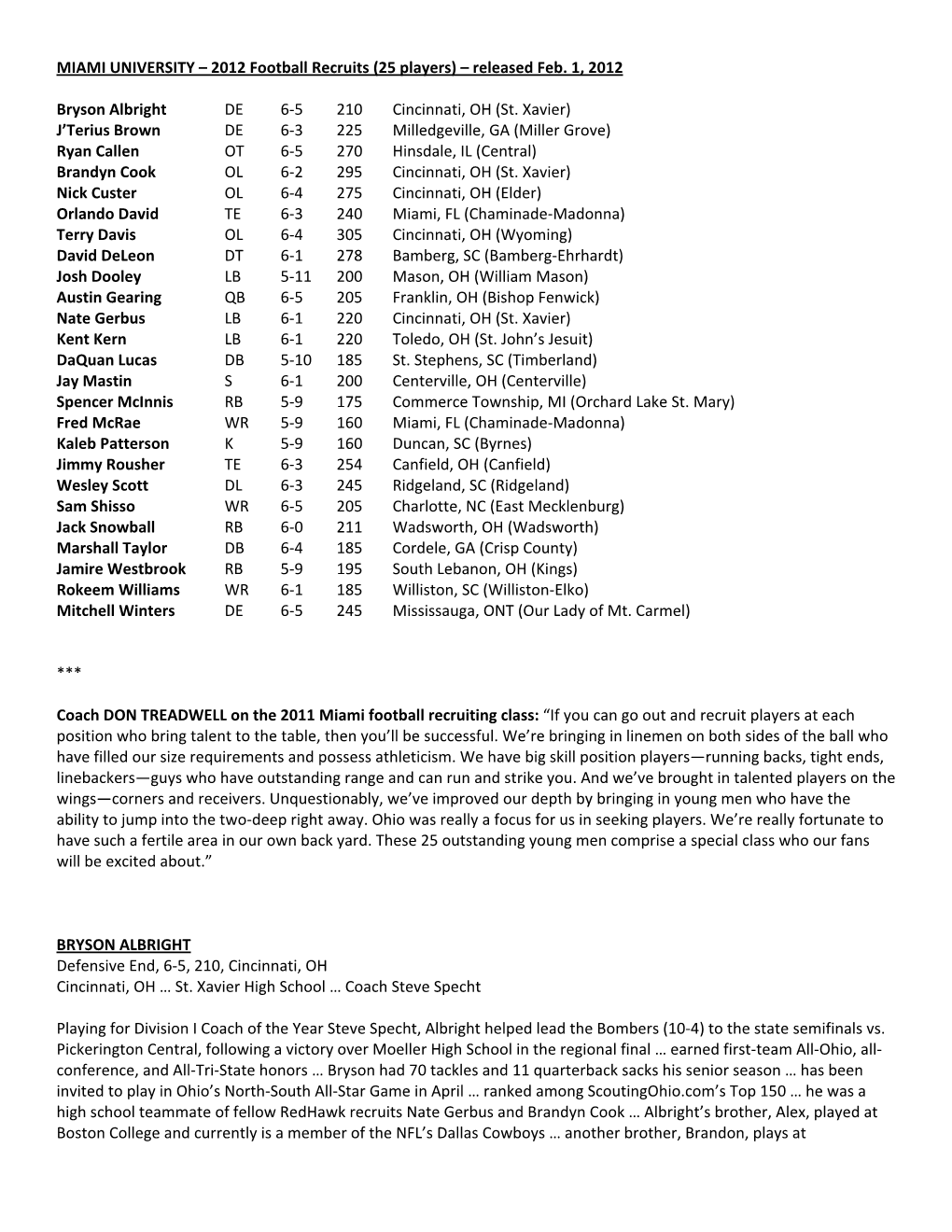 2012 Football Recruits (25 Players) – Released Feb