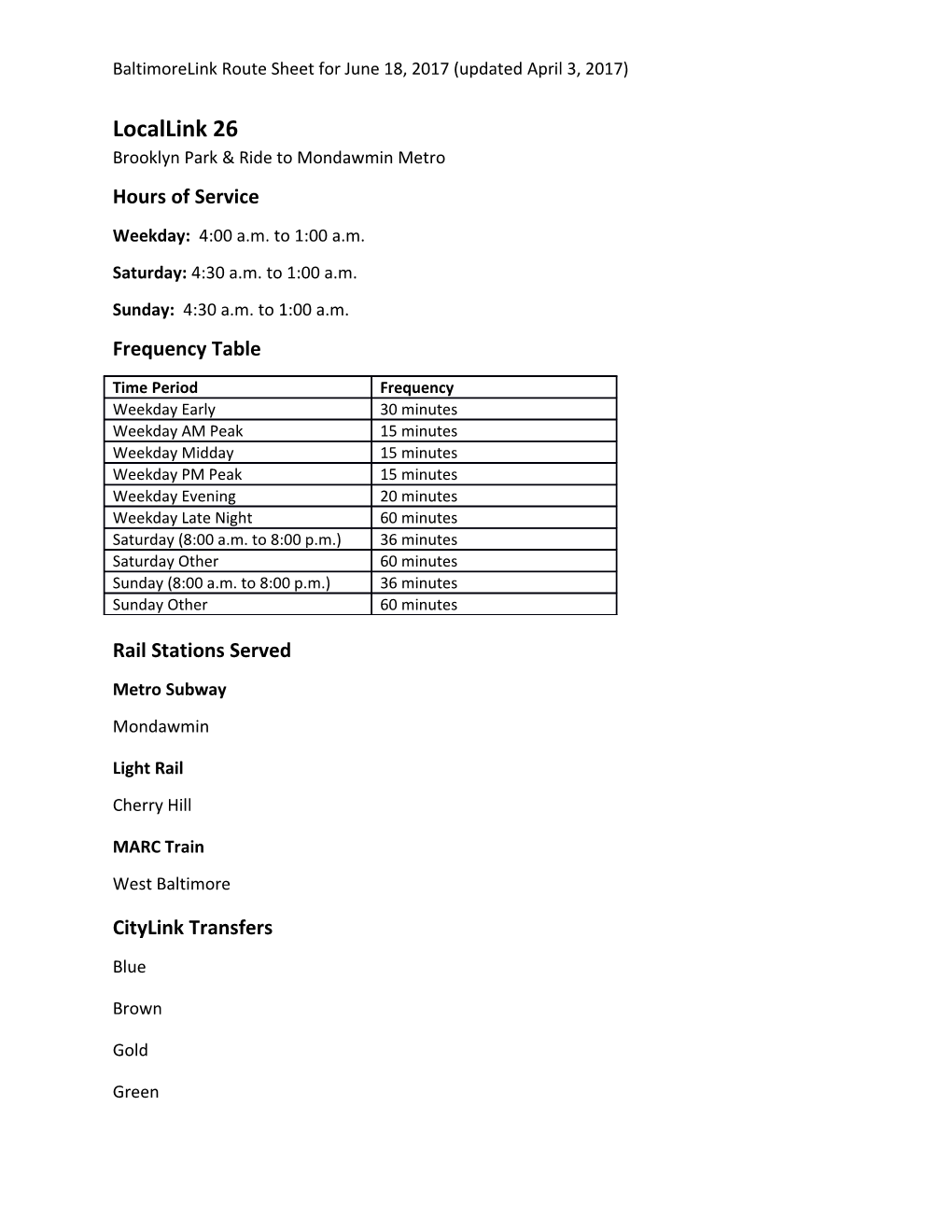 Brooklyn Park & Ride to Mondawmin Metro