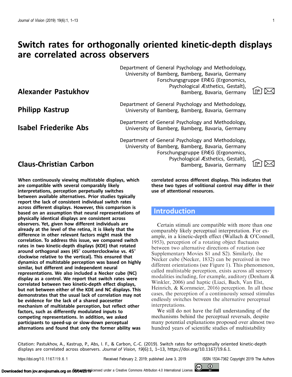 Switch Rates for Orthogonally Oriented Kinetic-Depth Displays Are Correlated Across Observers