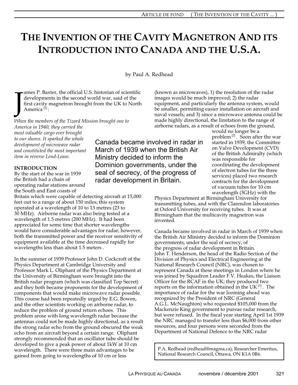 The Invention of the Cavity Magnetron and Its Introduction Into Canada and the U.S.A