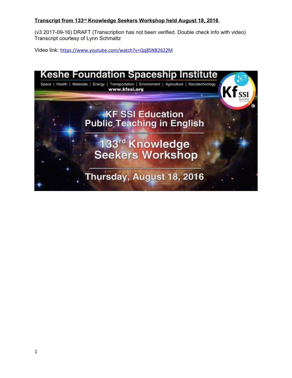 Transcript from 133Rd Knowledge Seekers Workshop Held August 18, 2016