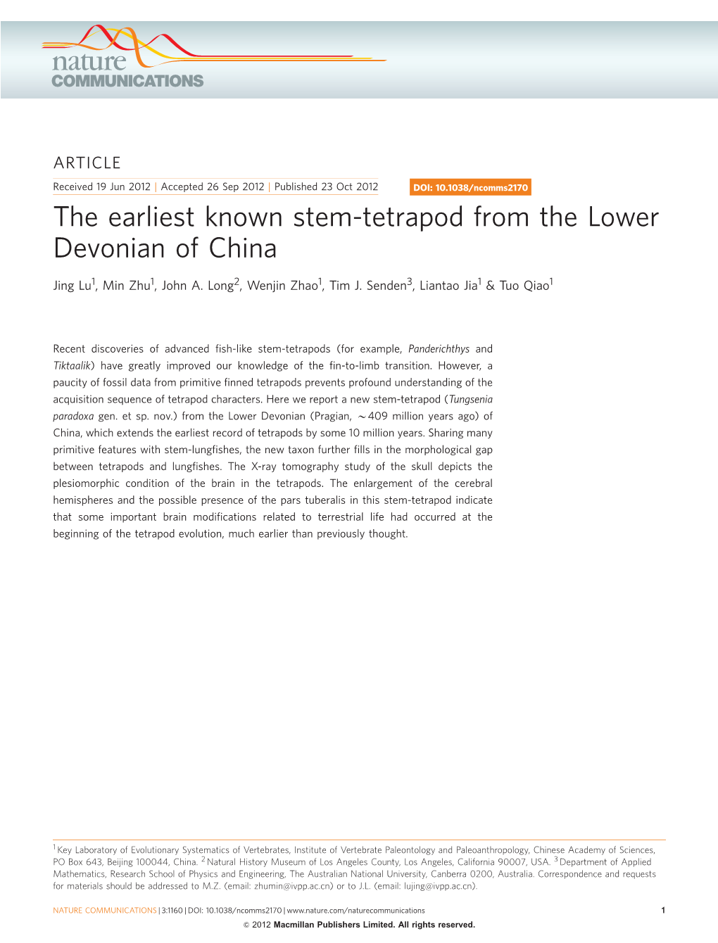 The Earliest Known Stem-Tetrapod from the Lower Devonian of China