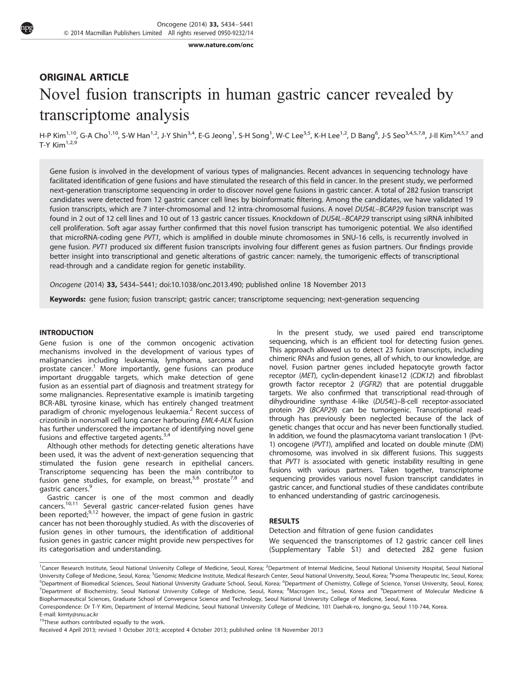 Novel Fusion Transcripts in Human Gastric Cancer Revealed by Transcriptome Analysis
