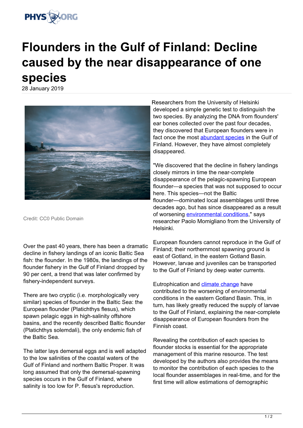 Flounders in the Gulf of Finland: Decline Caused by the Near Disappearance of One Species 28 January 2019