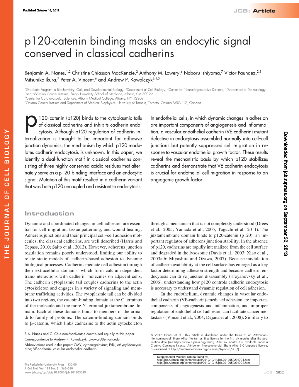 P120-Catenin Binding Masks an Endocytic Signal Conserved in Classical Cadherins