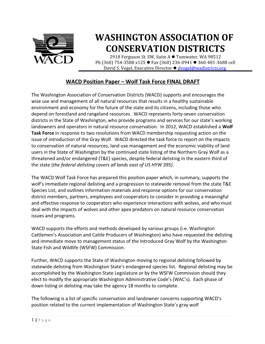 WASHINGTON ASSOCIATION of CONSERVATION DISTRICTS 2918 Ferguson St. SW, Suite a Tumwater