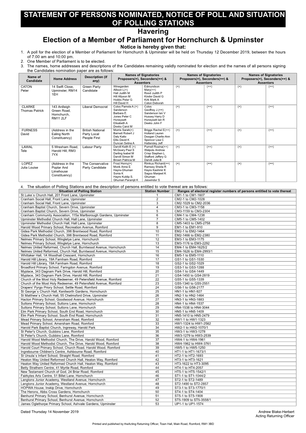 Download Hornchurch and Upminster Notice of Poll, Statement of Persons