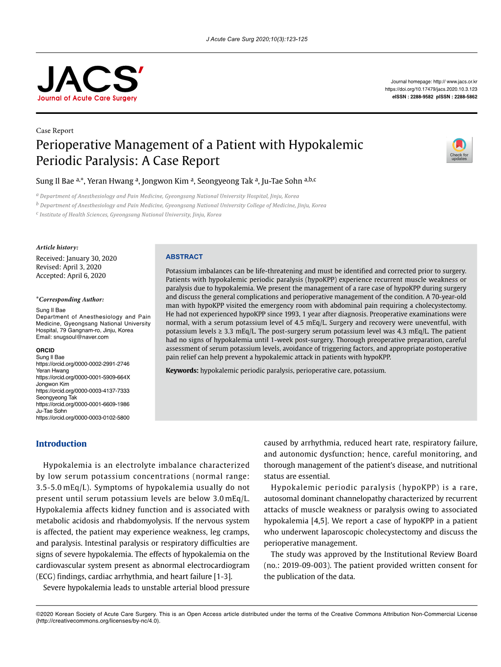 Perioperative Management of a Patient with Hypokalemic Periodic Paralysis: a Case Report