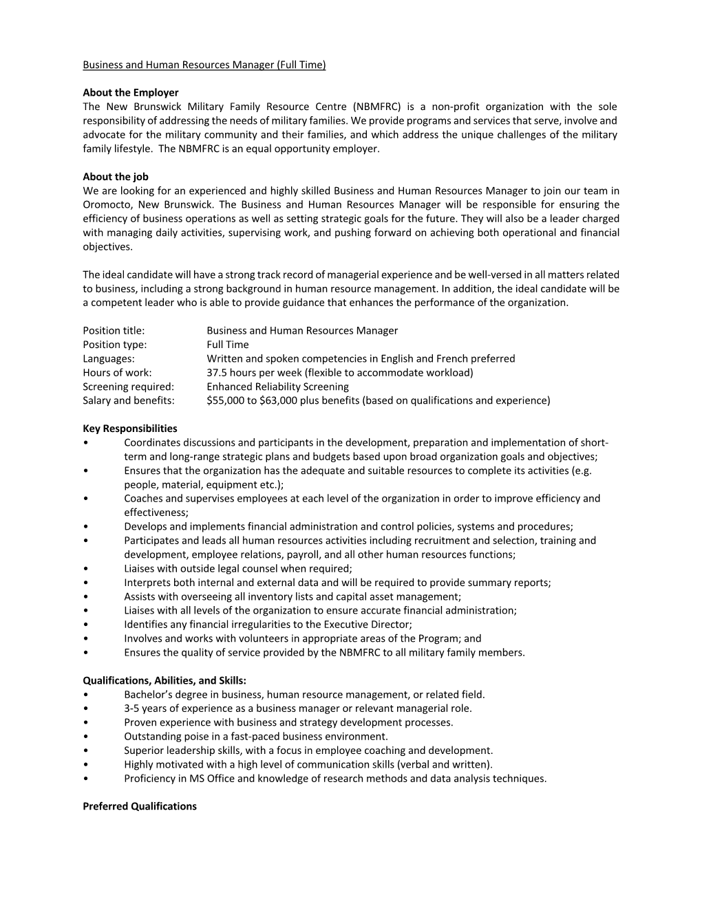 Business and Human Resources Manager (Full Time)