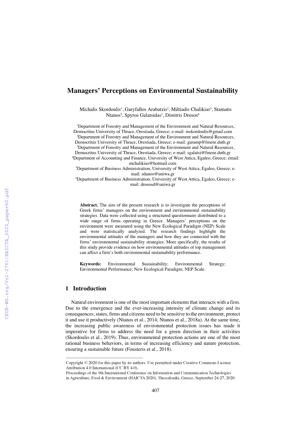 Managers' Perceptions on Environmental Sustainability