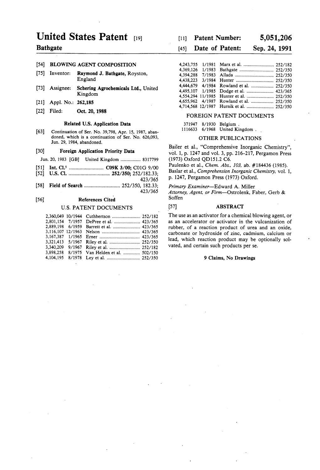 United States Patent (19) 11 Patent Number: 5,051,206 Bathgate (45) Date of Patent: Sep