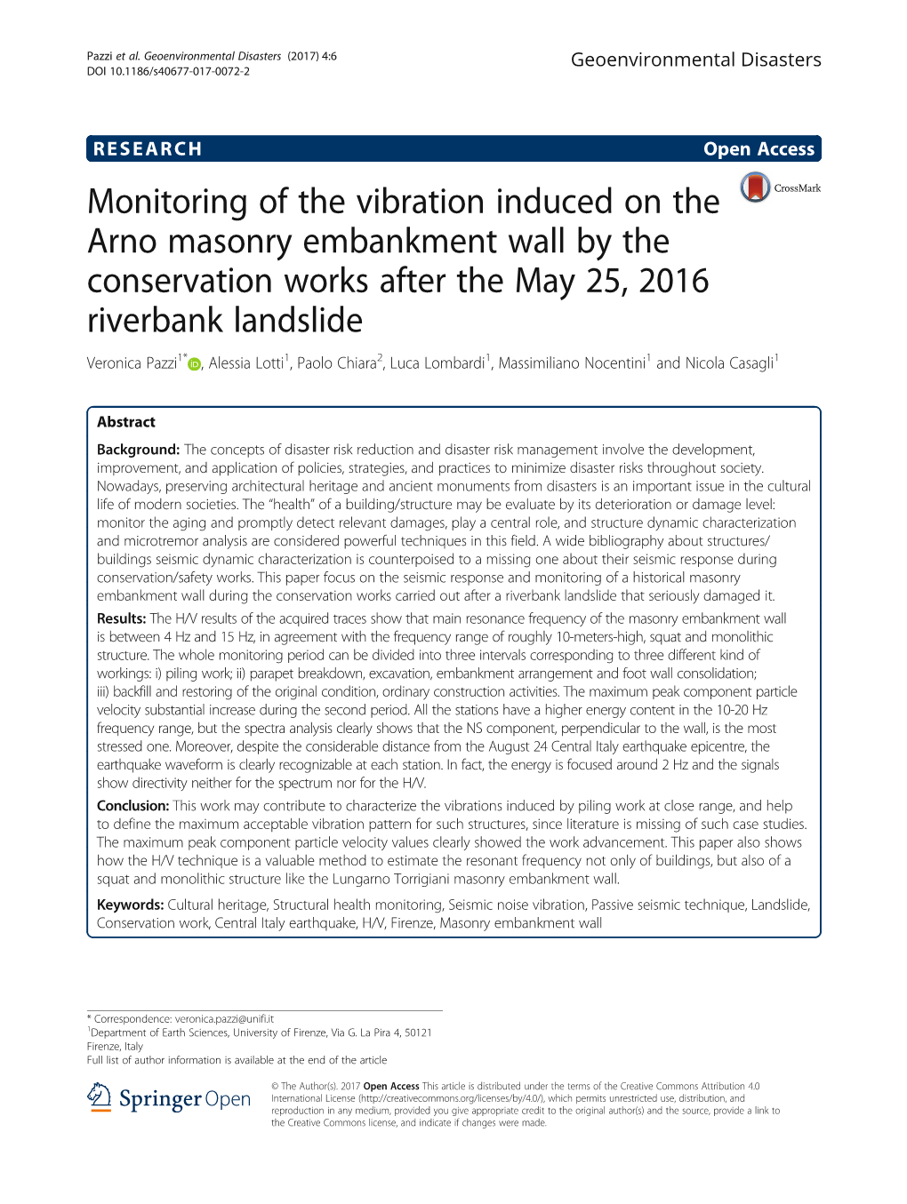 Monitoring of the Vibration Induced on the Arno Masonry Embankment Wall