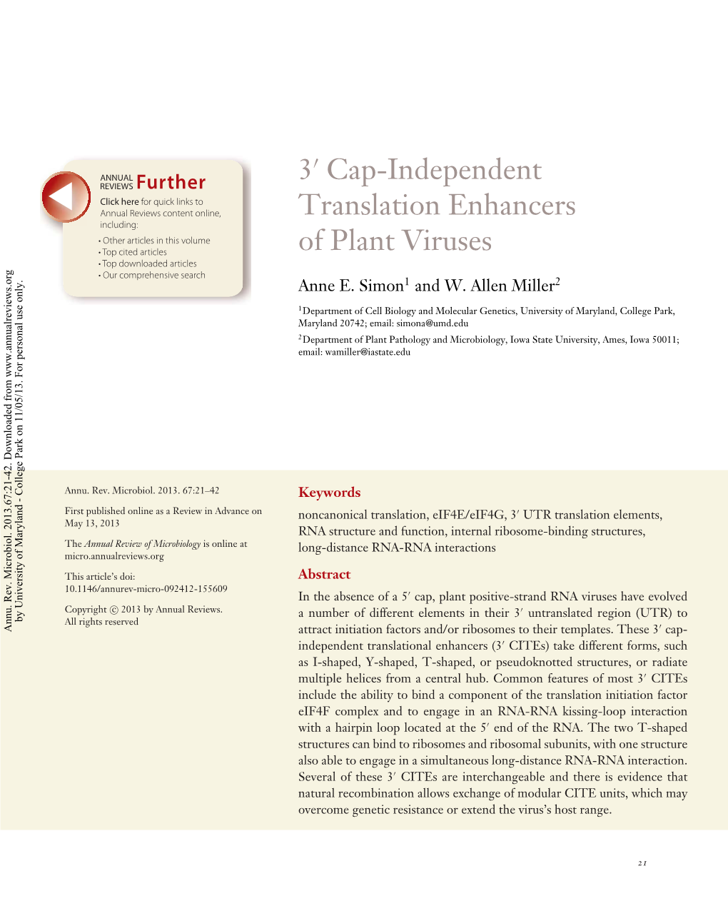 3′ Cap-Independent Translation Enhancers of Plant Viruses