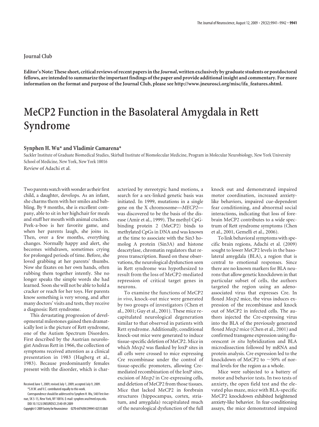 Mecp2 Function in the Basolateral Amygdala in Rett Syndrome