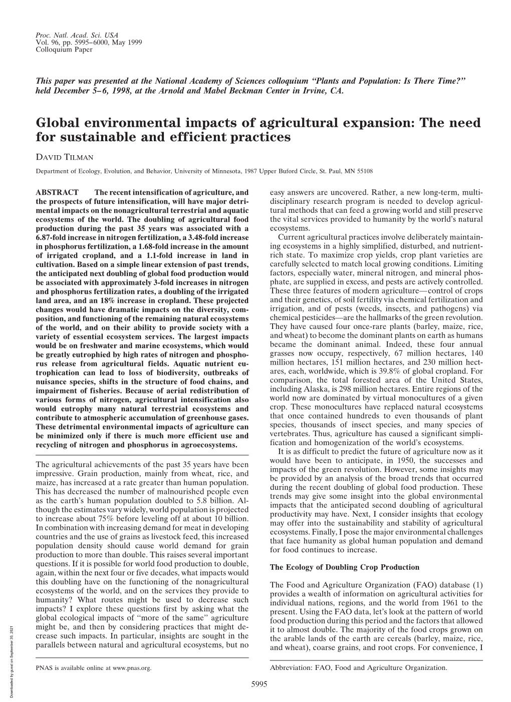 Global Environmental Impacts of Agricultural Expansion: the Need for Sustainable and Efficient Practices