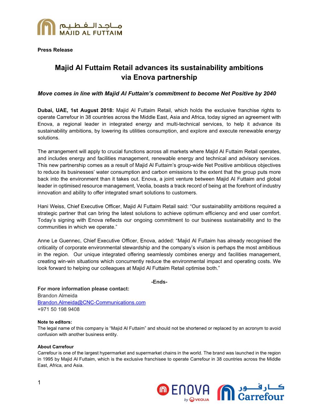 Majid Al Futtaim Retail Advances Its Sustainability Ambitions Via Enova Partnership