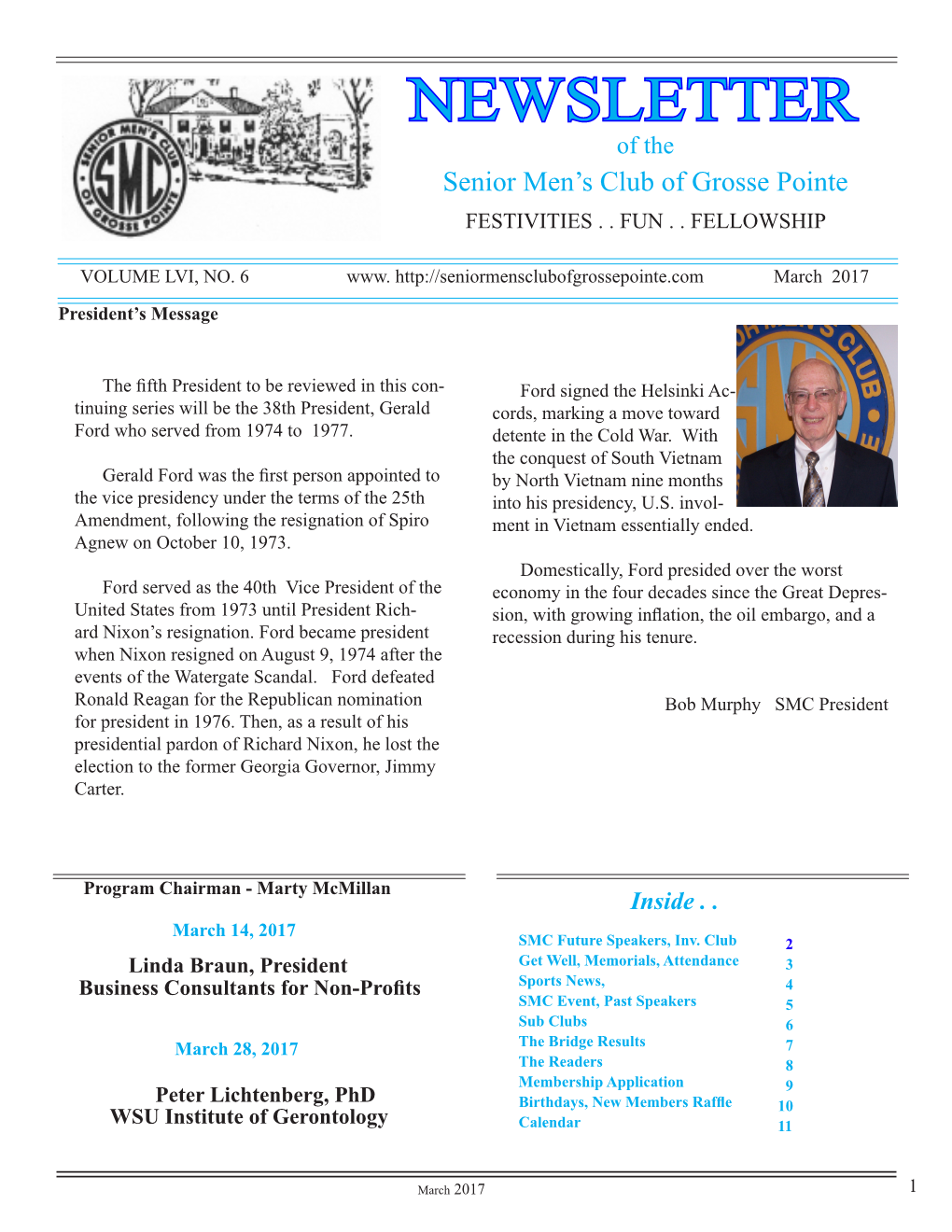 NEWSLETTER of the Senior Men’S Club of Grosse Pointe FESTIVITIES