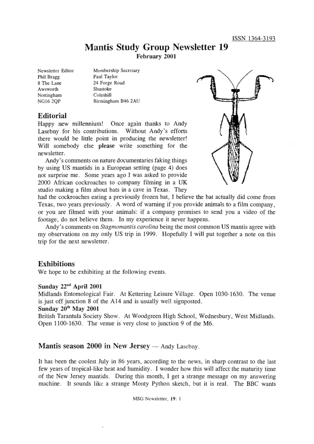 Mantis Study Group Newsletter, 19 (February 2001)