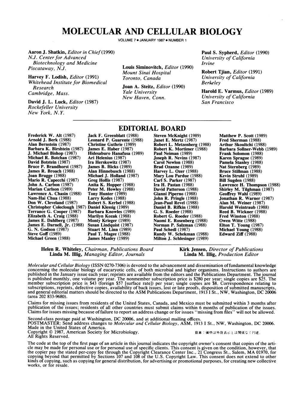 MOLECULAR and CELLULAR BIOLOGY VOLUME 7 a JANUARY 1987 a NUMBER 1