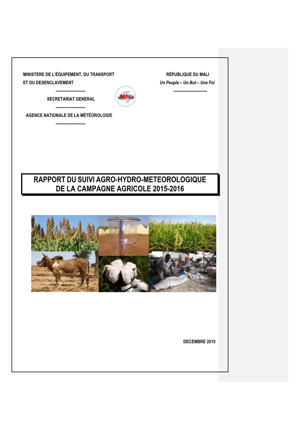 Rapport Du Suivi Agro- Hydro- Météorologique De La Campagne