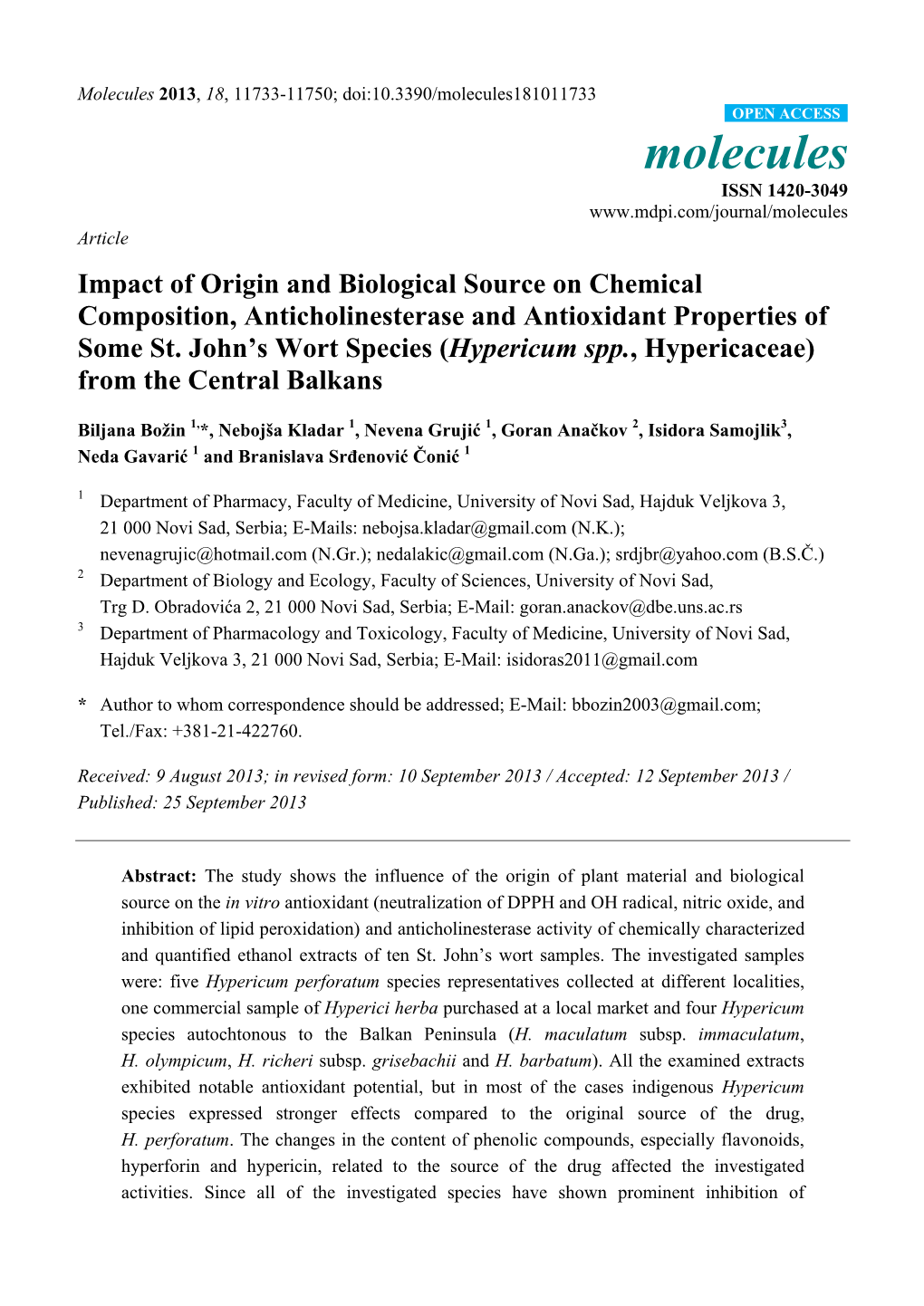 Impact of Origin and Biological Source on Chemical Composition, Anticholinesterase and Antioxidant Properties of Some St