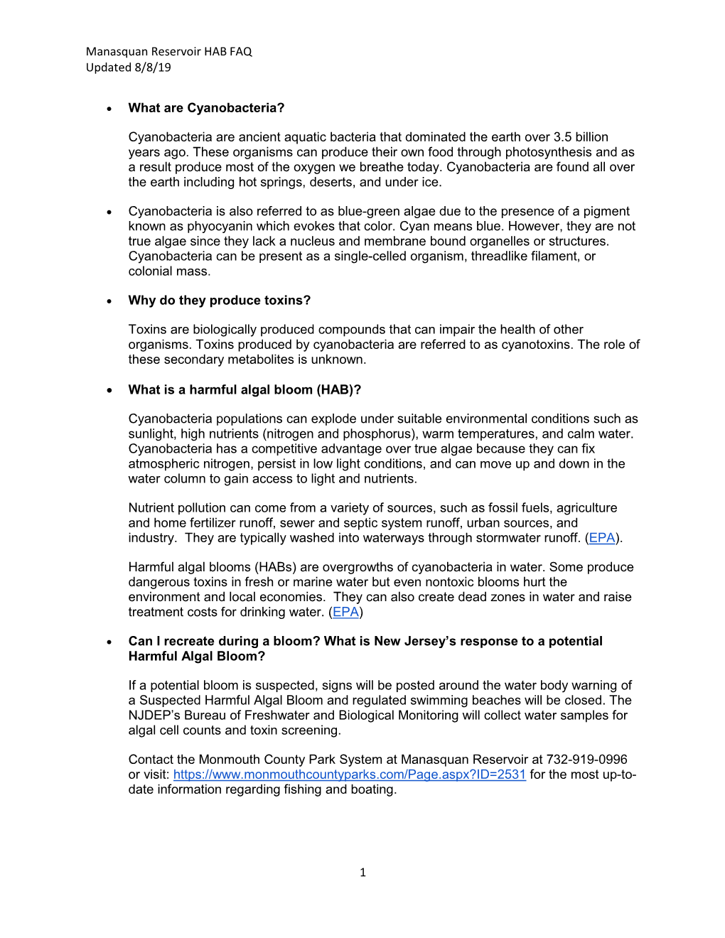 Manasquan Reservoir HAB FAQ Updated 8/8/19 1 • What Are Cyanobacteria? Cyanobacteria Are Ancient Aquatic Bacteria That Dominat