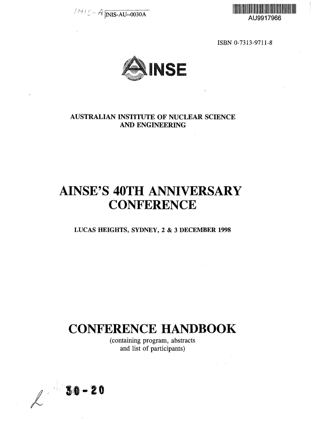 Ainse's 40Th Anniversary Conference Conference Handbook