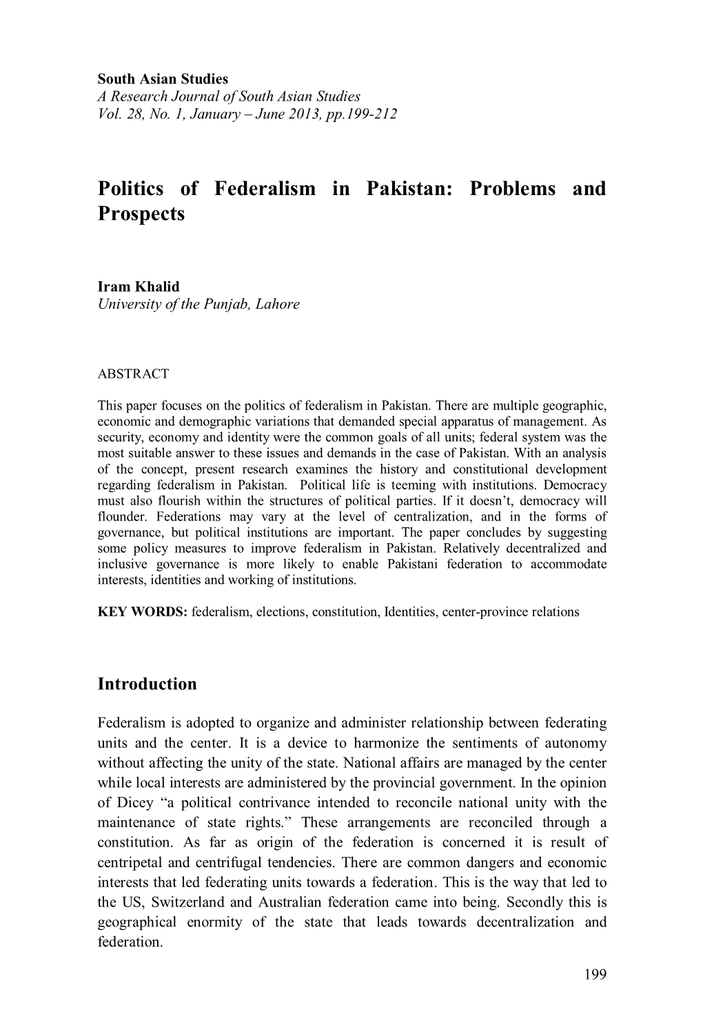 Politics of Federalism in Pakistan: Problems and Prospects