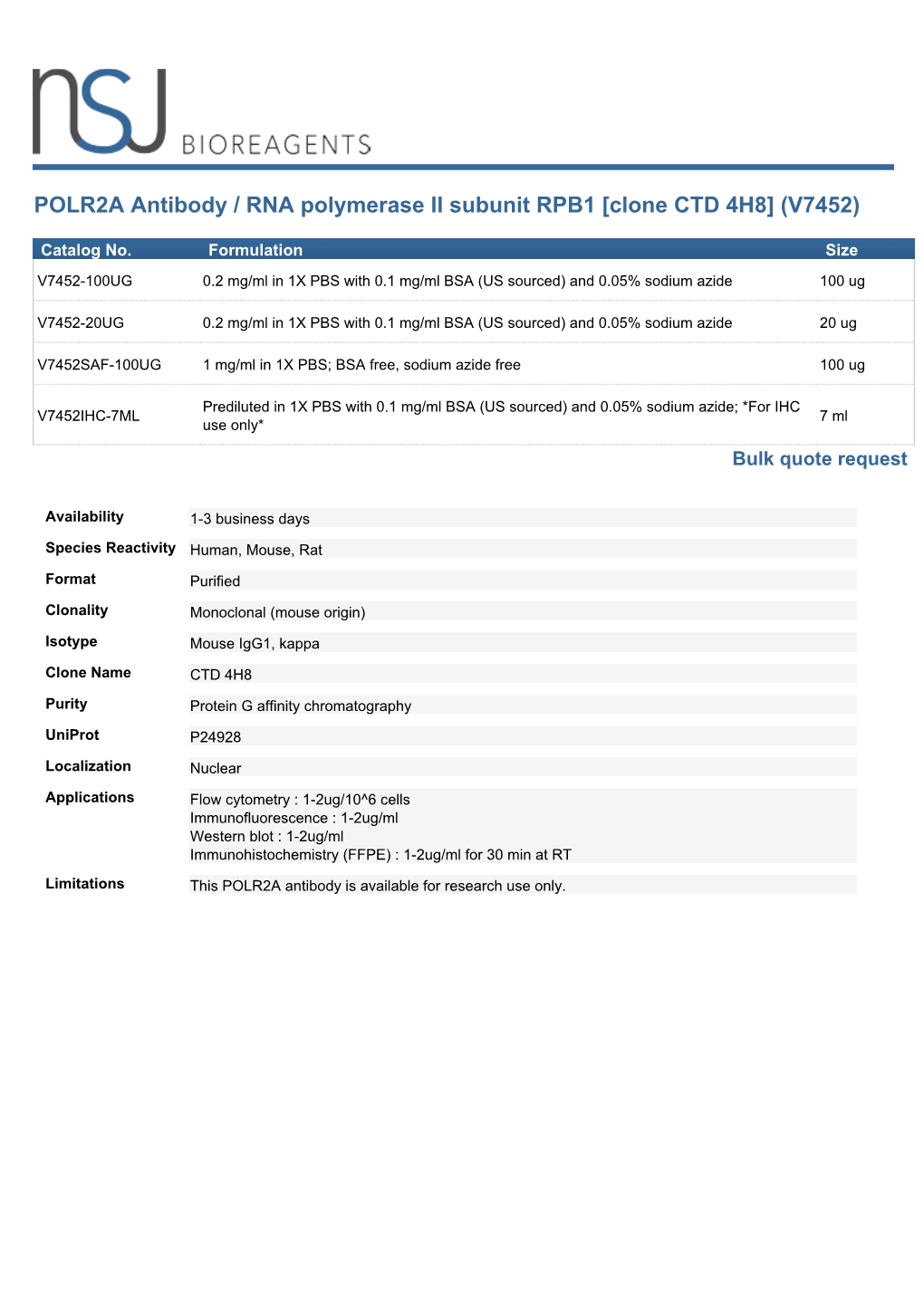 POLR2A Antibody / RNA Polymerase II Subunit RPB1 [Clone CTD 4H8] (V7452)