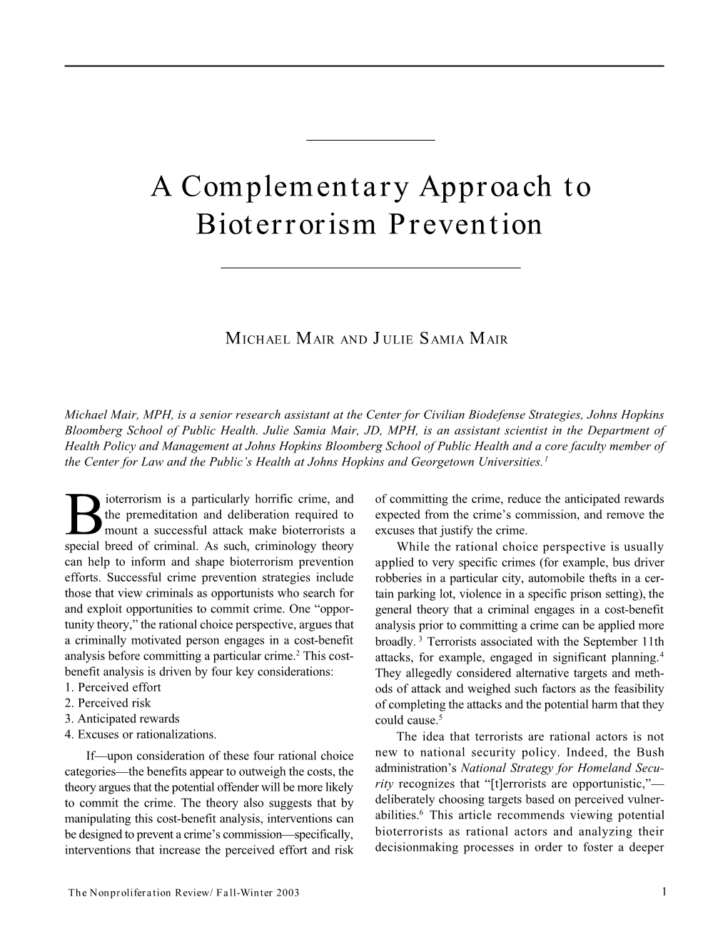 NPR10.3: a Complementary Approach to Bioterrorism Prevention