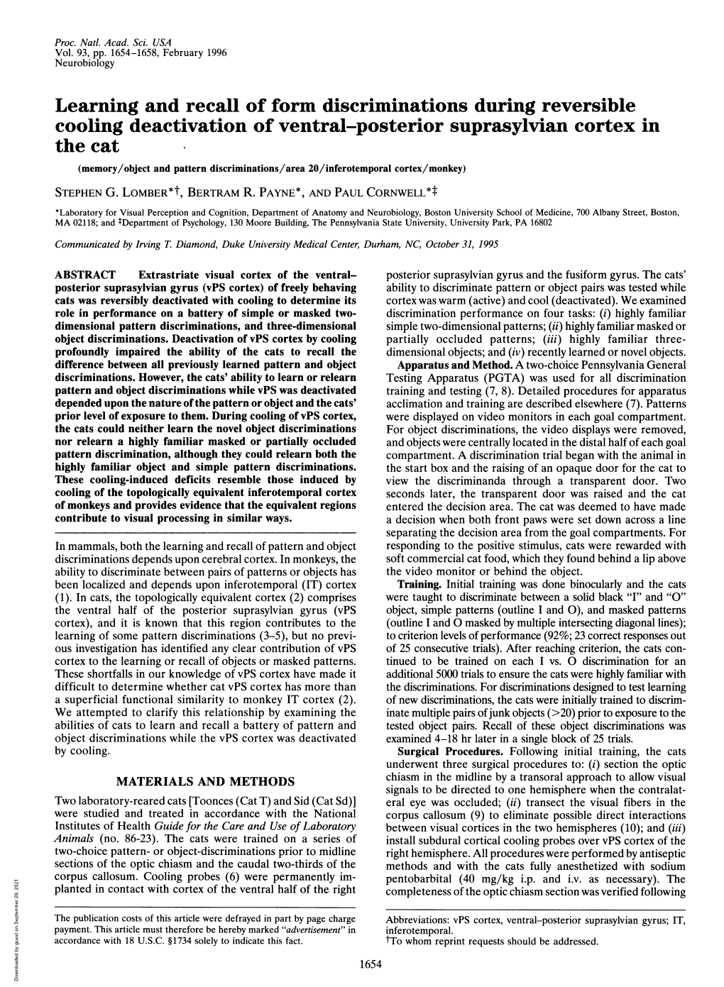 Learning and Recall of Form Discriminations During Reversible Cooling Deactivation of Ventral-Posterior Suprasylvian Cortex In