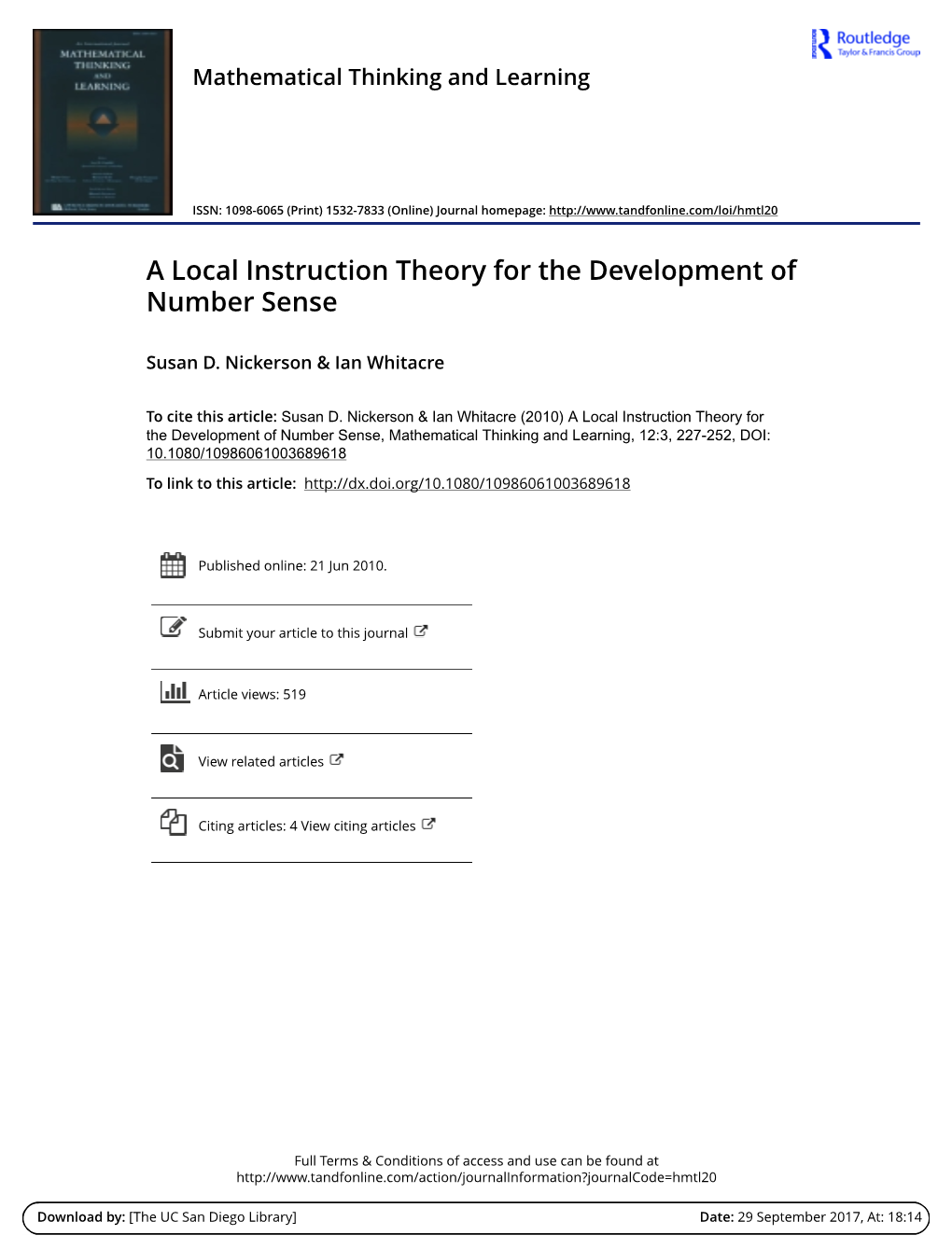 A Local Instruction Theory for the Development of Number Sense
