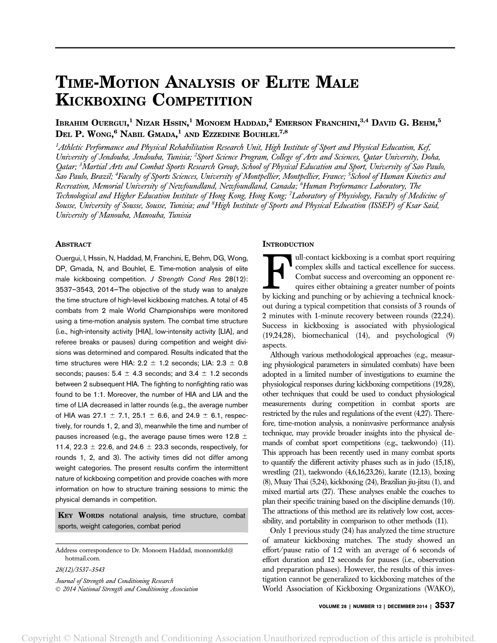 Time-Motion Analysis of Elite Male Kickboxing Competition