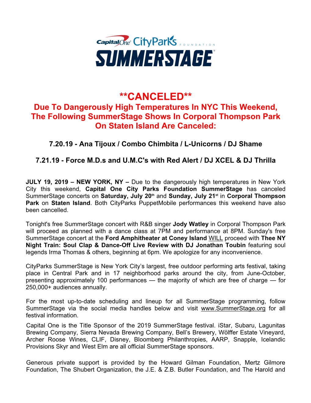 CANCELED** Due to Dangerously High Temperatures in NYC This Weekend, the Following Summerstage Shows in Corporal Thompson Park on Staten Island Are Canceled
