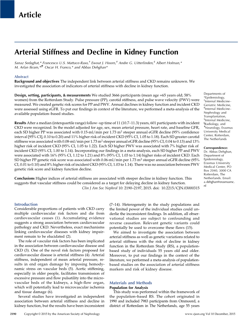 Article Arterial Stiffness and Decline in Kidney Function
