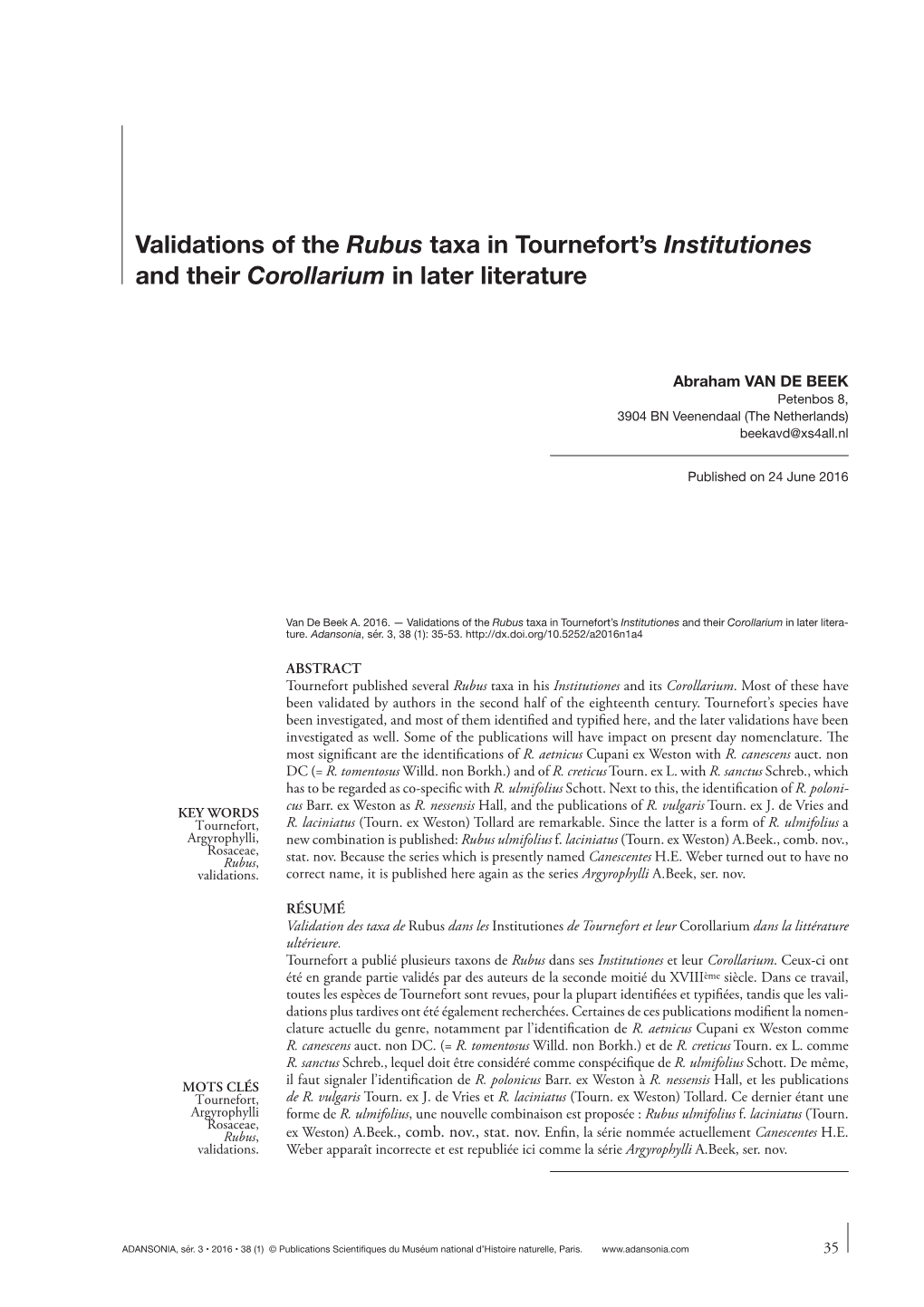 Validations of the Rubus Taxa in Tournefort's Institutiones and Their