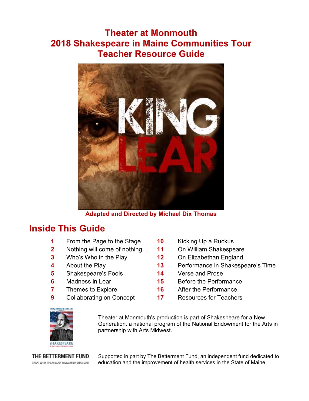 Theater at Monmouth 2018 Shakespeare in Maine Communities Tour Teacher Resource Guide Inside This Guide