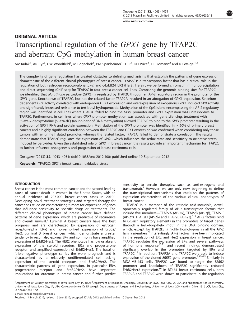 Transcriptional Regulation of the GPX1 Gene by TFAP2C and Aberrant Cpg Methylation in Human Breast Cancer