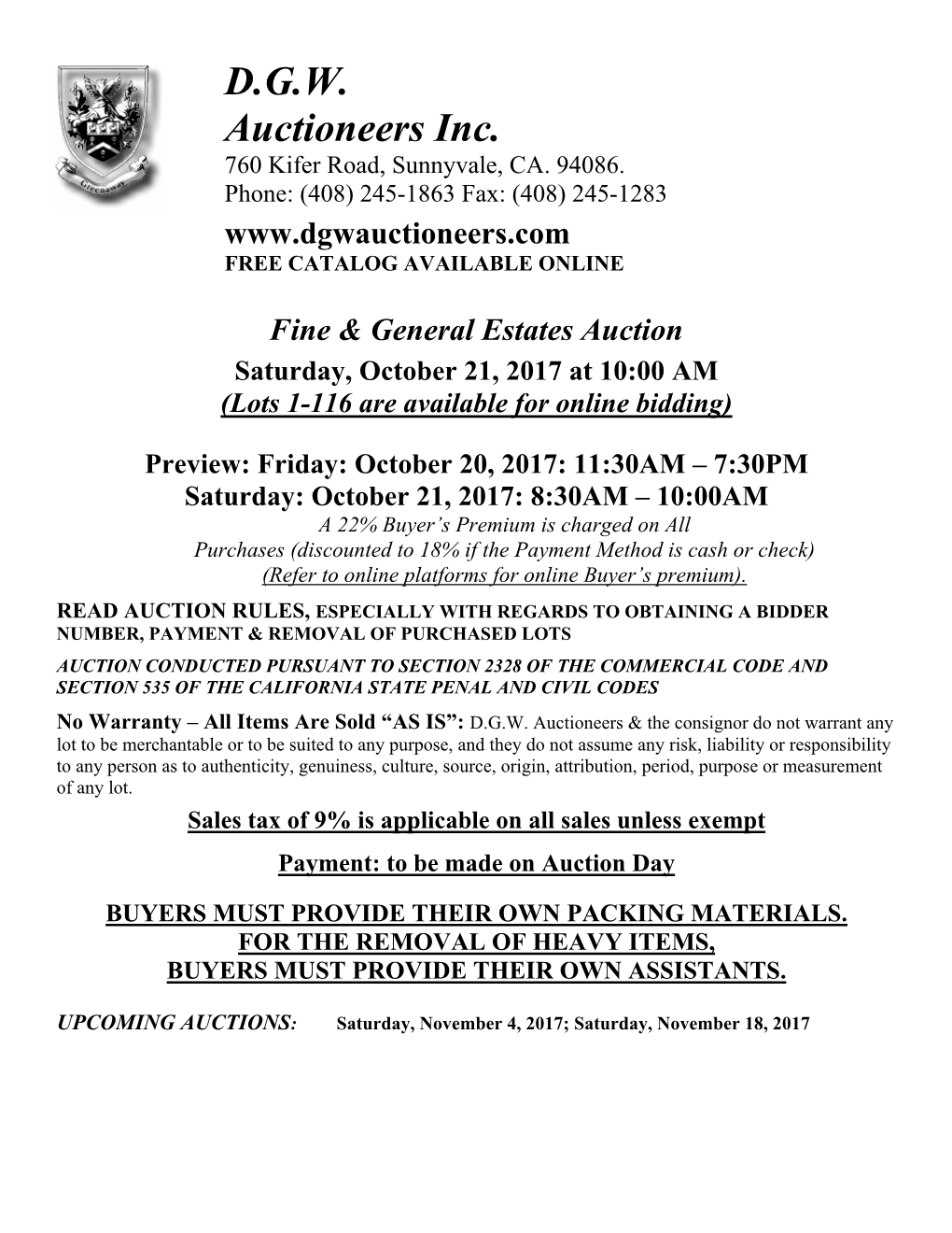 D.G.W. Auctioneers Inc. 760 Kifer Road, Sunnyvale, CA