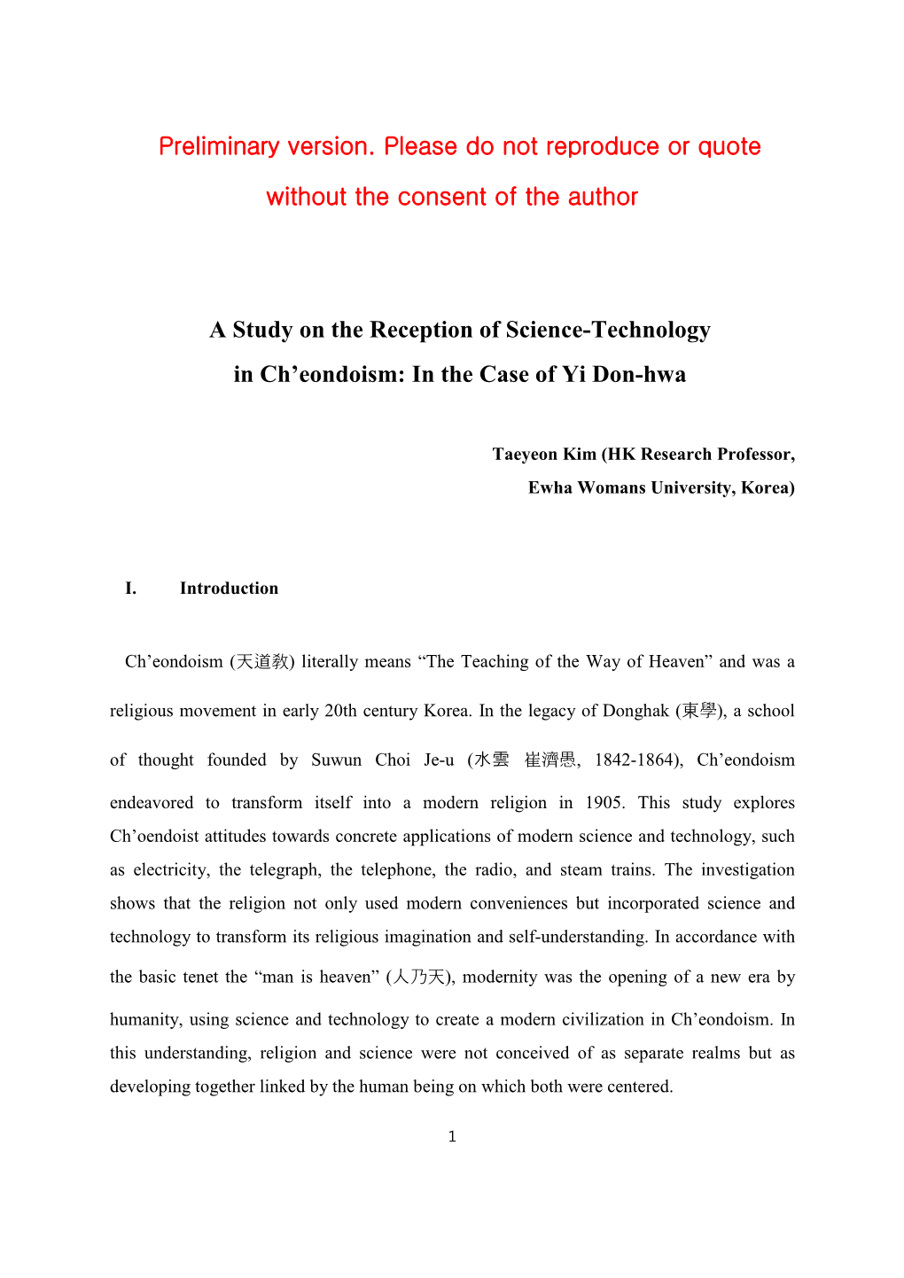 A Study on the Reception of Science-Technology in Ch’Eondoism: in the Case of Yi Don-Hwa