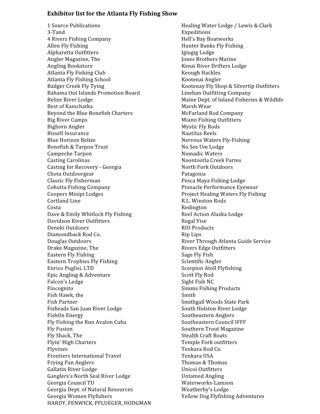 Exhibitor List for the Atlanta Fly Fishing Show
