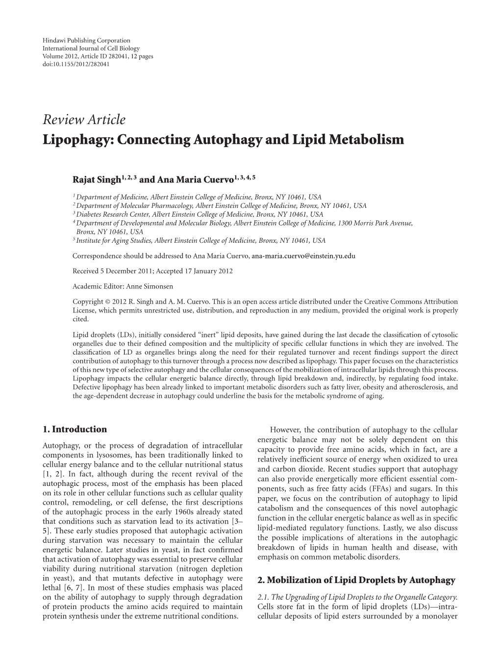 Review Article Lipophagy: Connecting Autophagy and Lipid Metabolism