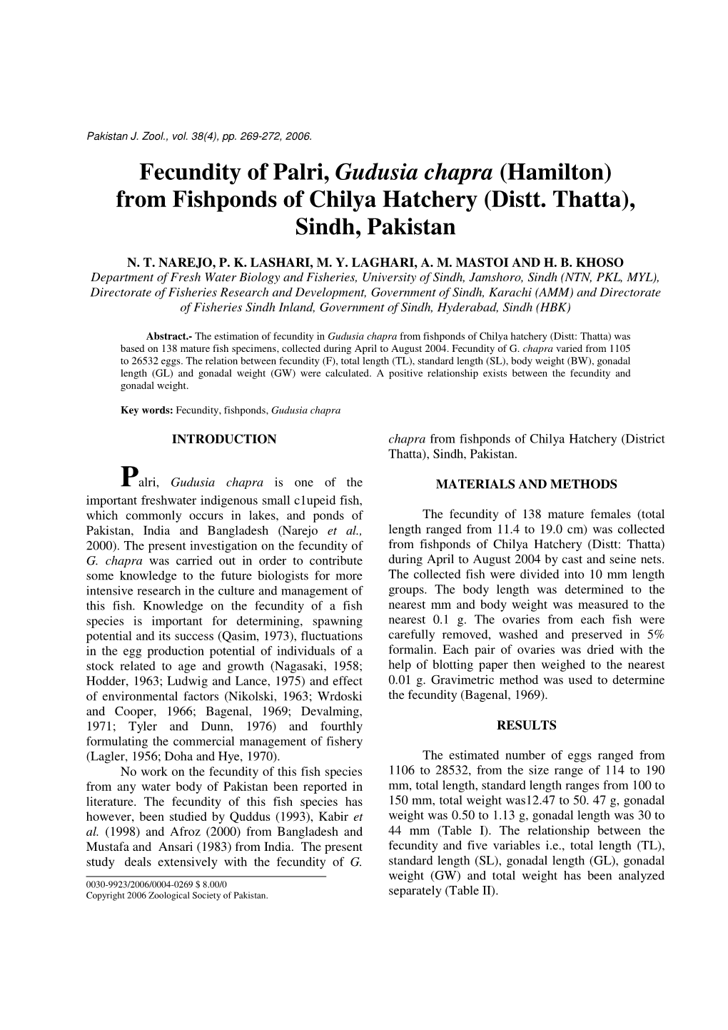 Fecundity of Palri, Gudusia Chapra (Hamilton) from Fishponds of Chilya Hatchery (Distt