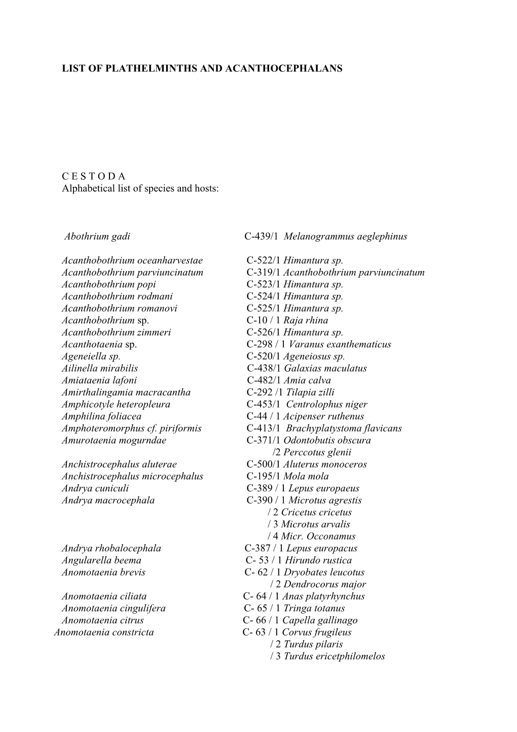 List of Plathelminths and Acanthocephalants with Host Species