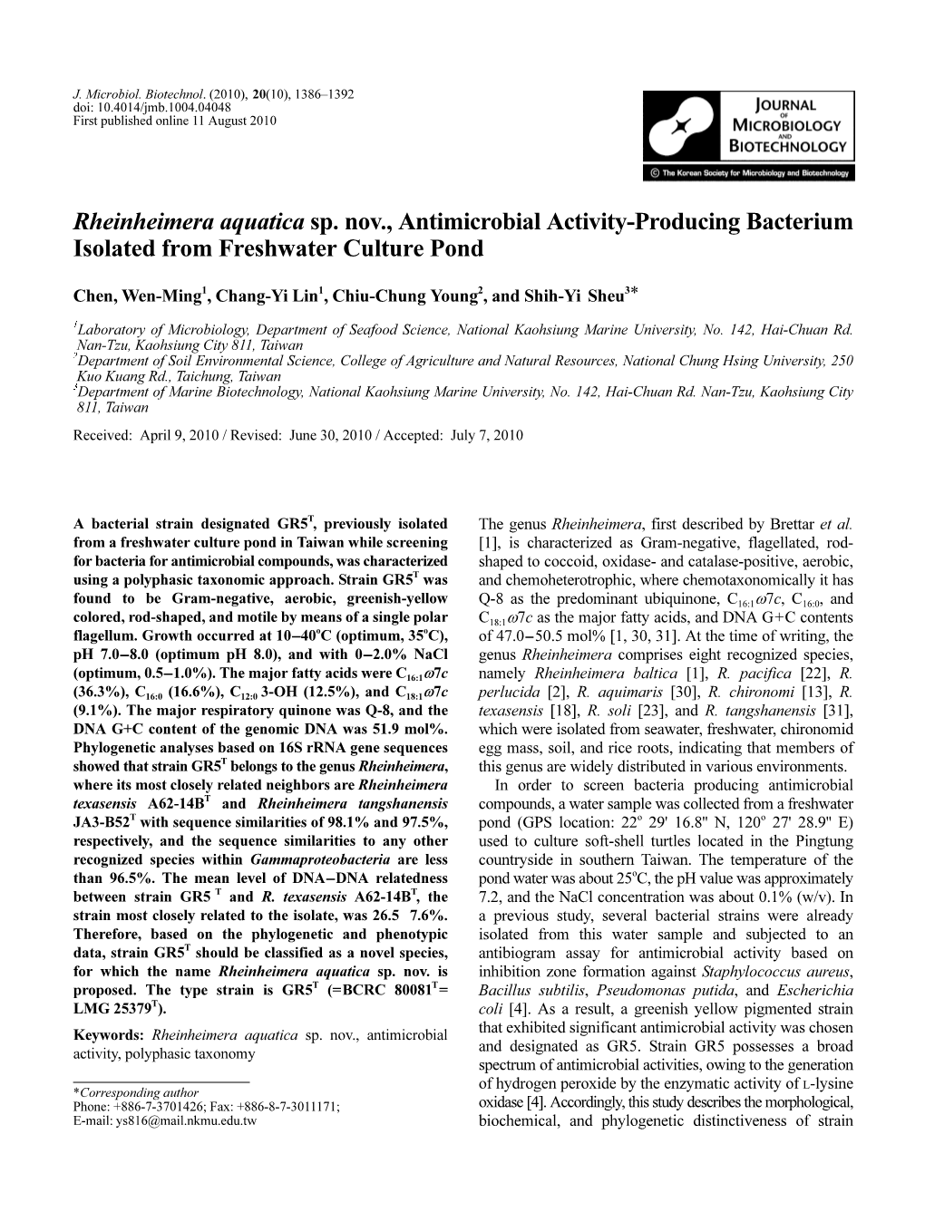 Rheinheimera Aquatica Sp. Nov., Antimicrobial Activity-Producing Bacterium Isolated from Freshwater Culture Pond